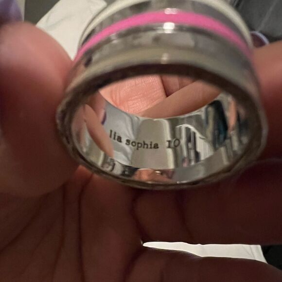 Lia Sophia SilverTone Pink & White Stripe Enamel Band Statement Ring Size 10 - Picture 4 of 4